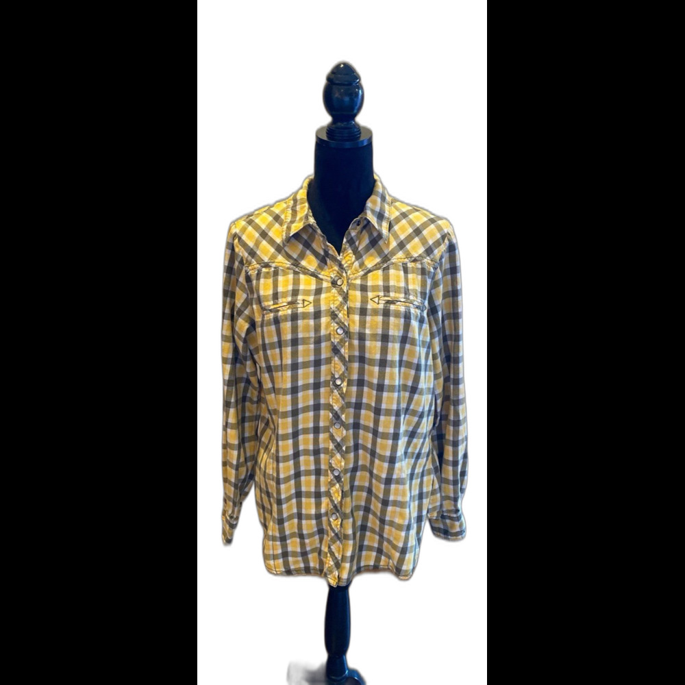 Old Navy Button Down Blouse Plus Size XL Yellow‎ Green Plaid Pearl Snaps Western
